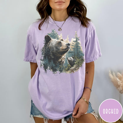 Comfort Colors tee in Orchid featuring vintage nature graphic with two bears in a forest