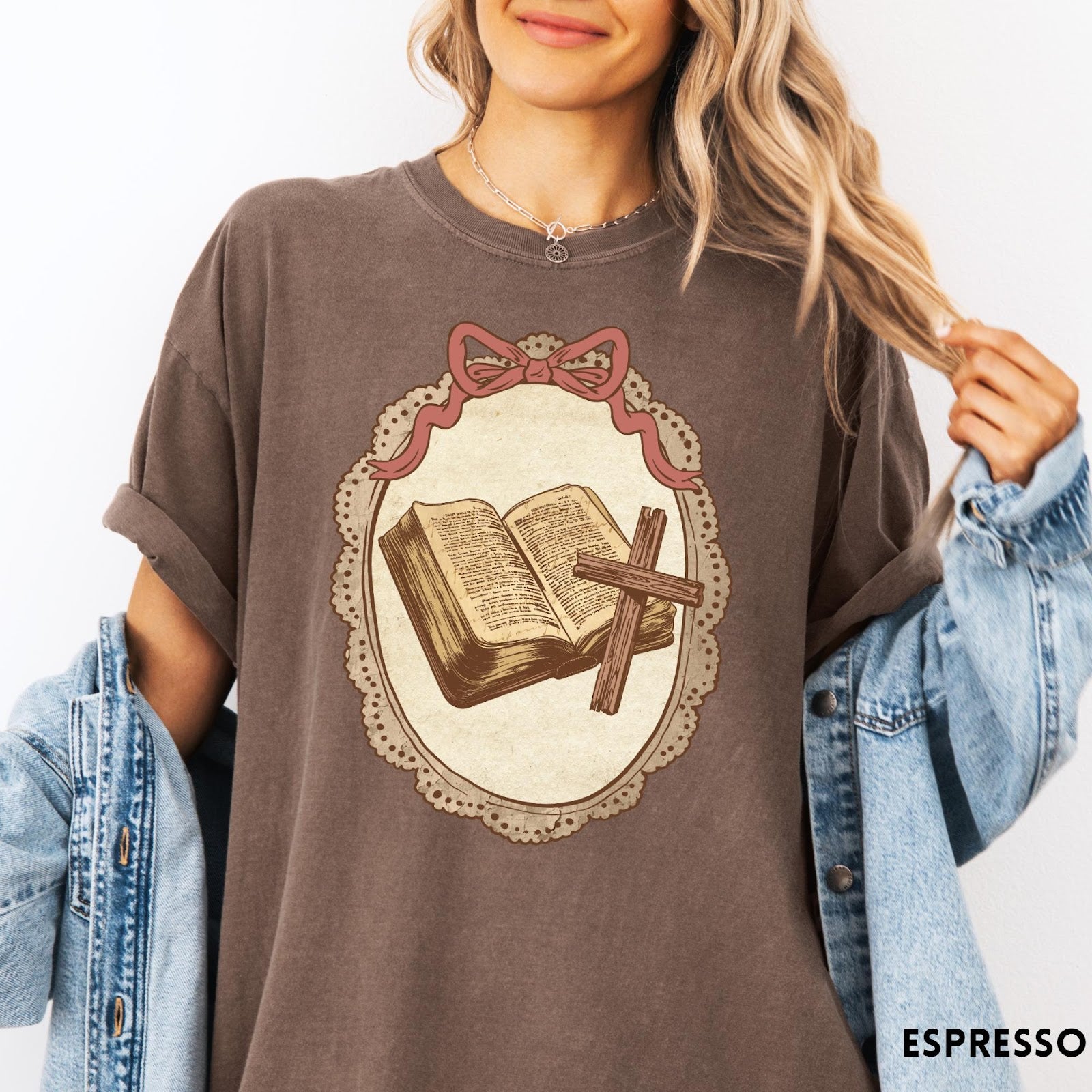 Comfort Colors tee in Espresso featuring vintage style graphic of an open Bible and wooden cross