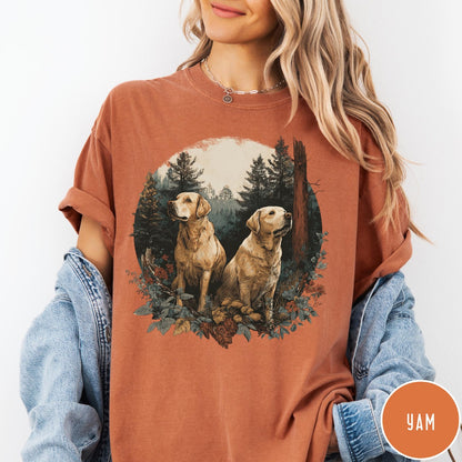 Comfort Colors tee in Yam featuring vintage style graphic of two golden labrador dogs in forest