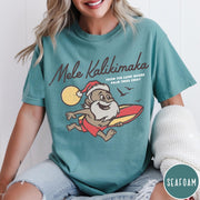Comfort Colors tee in Seafoam featuring vintage style graphic of a surfing Santa Claus on vacation