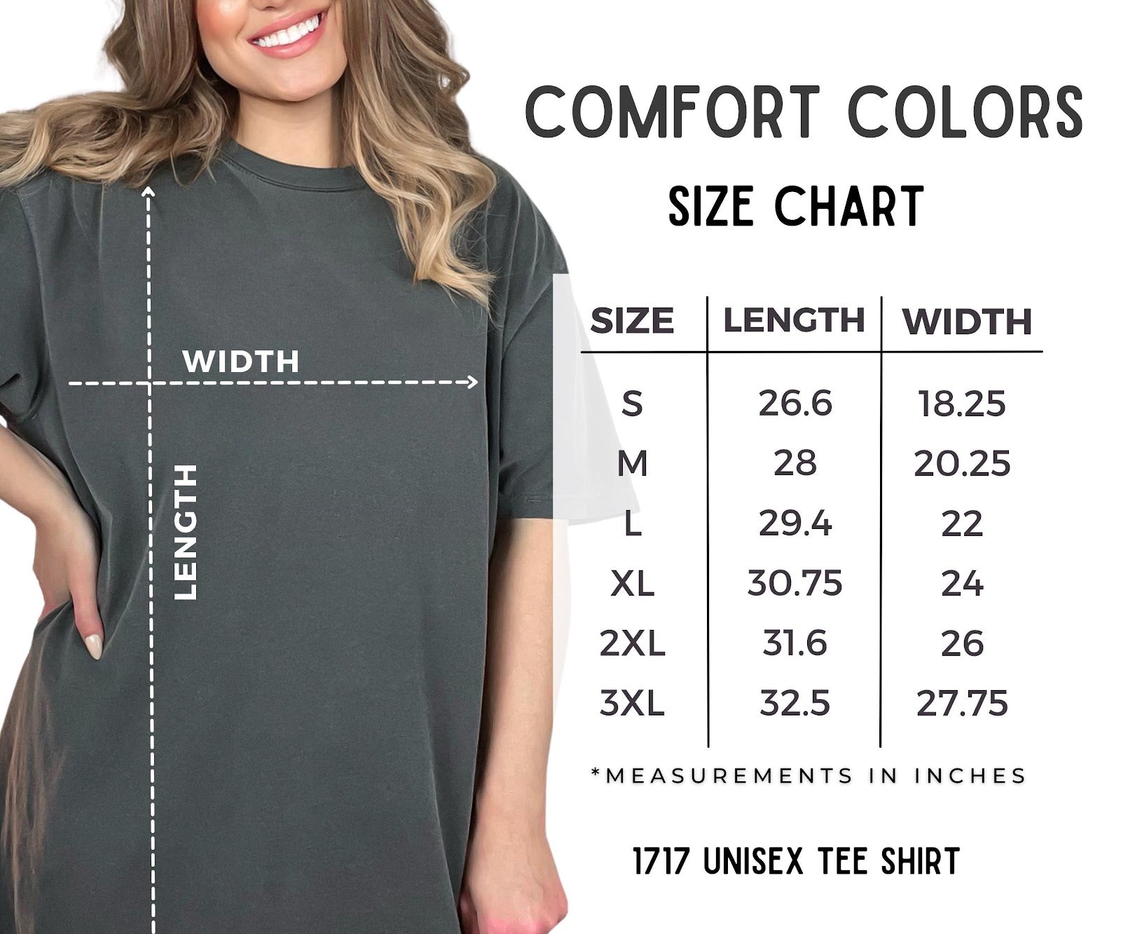 Comfort Colors tee size chart showing length and width measurements for sizes S through 3XL