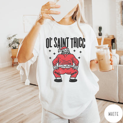Comfort Colors tee in White featuring festive graphic style Santa Claus doing a dance move with stars