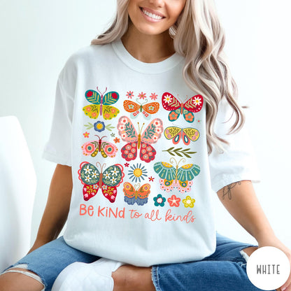 Comfort Colors tee in White featuring colorful butterfly and floral graphic with Be Kind to all kinds text