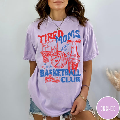 Comfort Colors tee in Orchid featuring basketball mom life graphic with basketball, hoop, whistle, and drink illustration