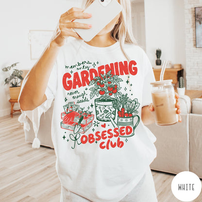 Comfort Colors tee in White featuring retro graphic gardening design with plants, tools, and seeds