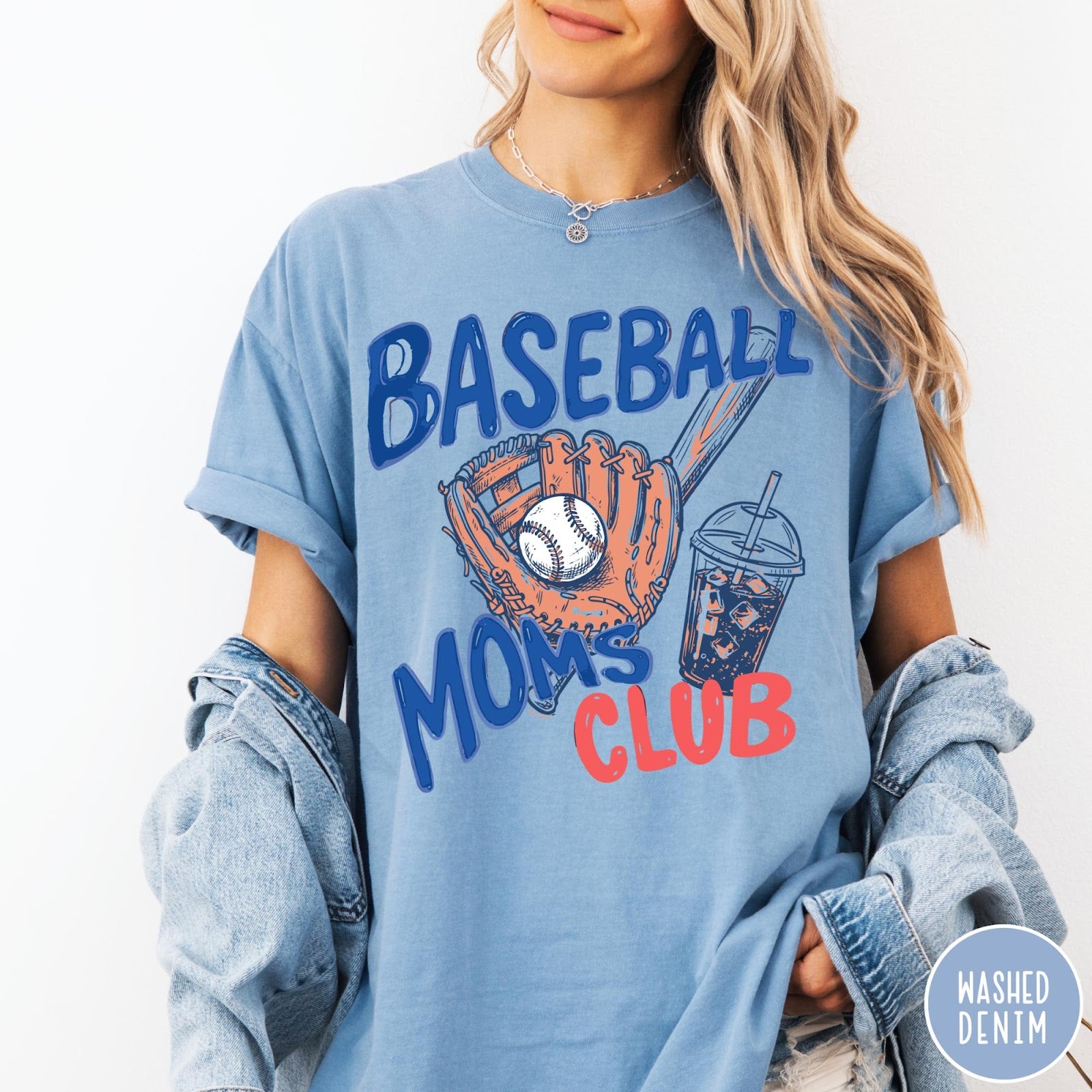 Comfort Colors tee in Washed Denim featuring baseball mom graphic with glove, ball, bat, and iced coffee