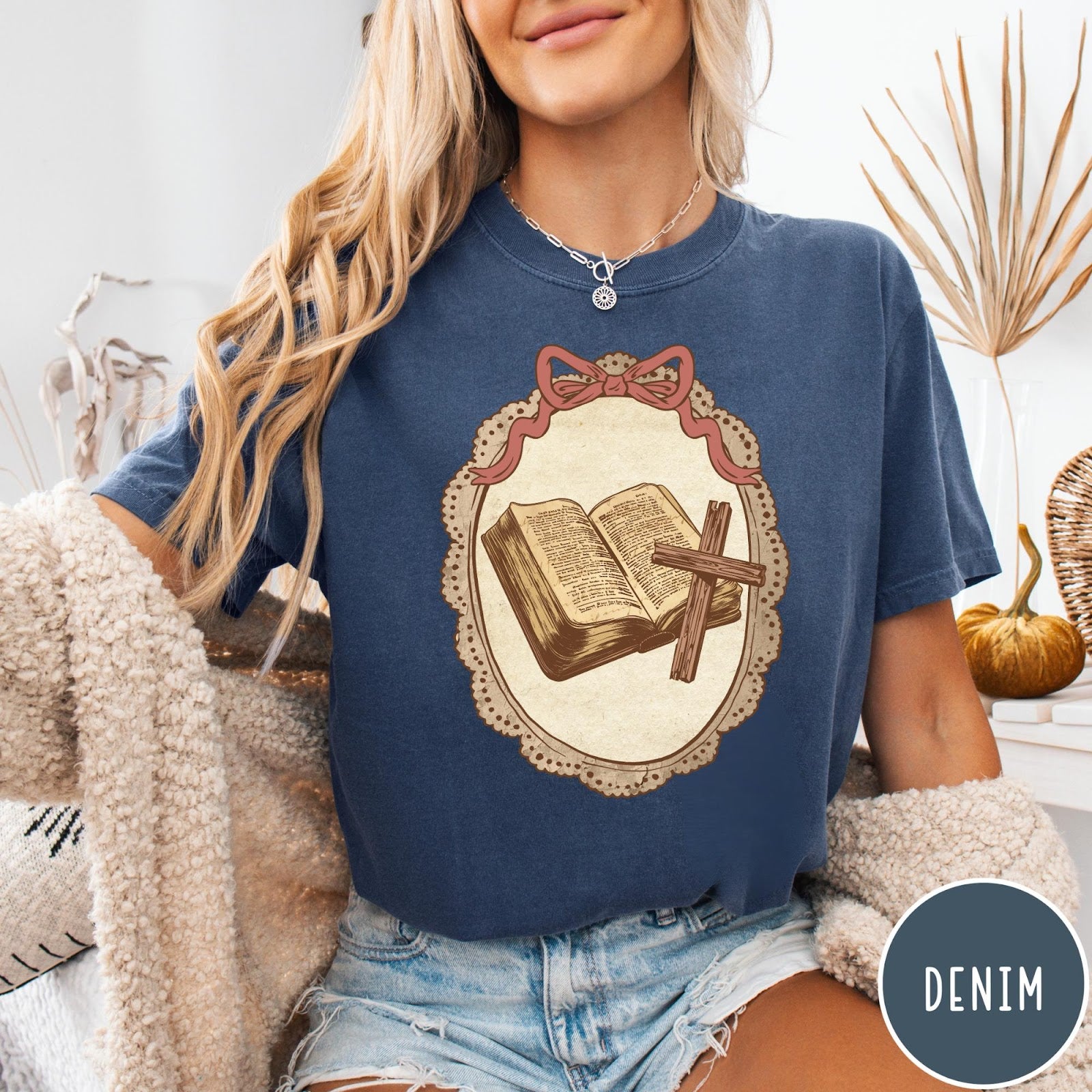 Comfort Colors tee in Denim featuring vintage style graphic of an open Bible and wooden cross