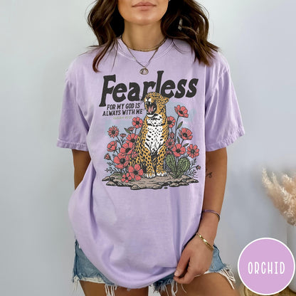 Comfort Colors tee in Orchid featuring vintage style leopard and flower graphic with Bible verse Isaiah 41:10
