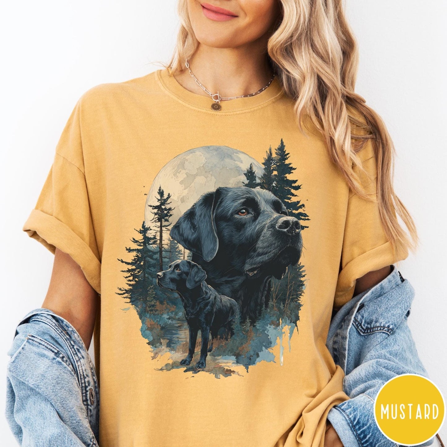 Comfort Colors tee in Mustard featuring artistic graphic of Black Labrador dogs in a forest moon setting