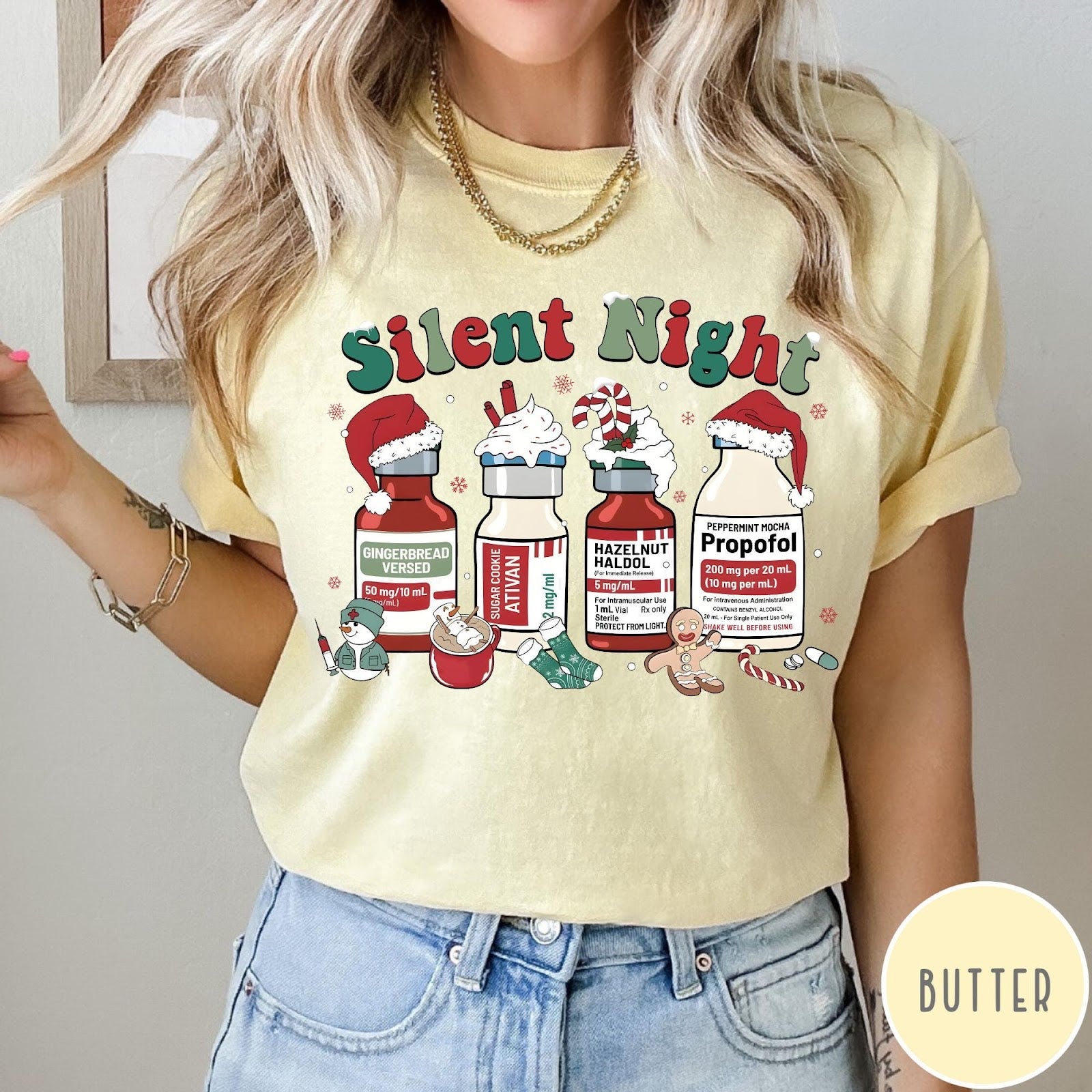 Comfort Colors tee in Butter featuring holiday medical design with vials decorated as festive holiday treats