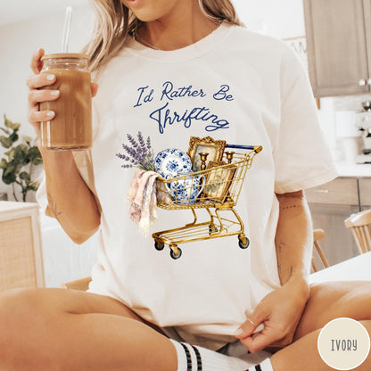 Comfort Colors tee in Ivory featuring vintage decor graphic of a shopping cart filled with thrifted items