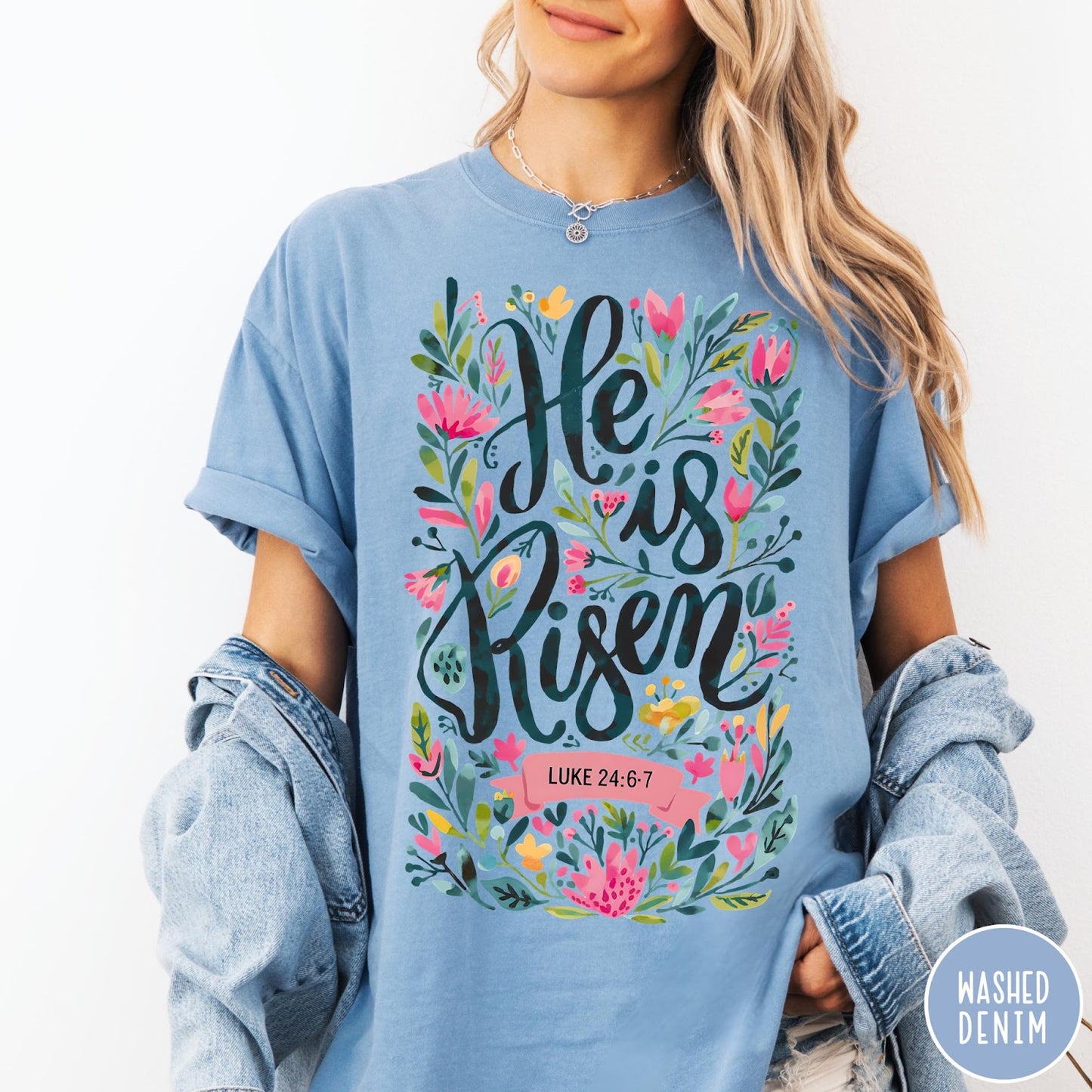 Comfort Colors tee in Washed Denim featuring religious floral design with He is Risen text graphic