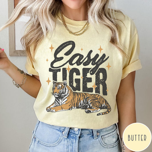Comfort Colors tee in Butter featuring vintage style graphic of a tiger with Easy Tiger text