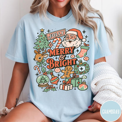Comfort Colors tee in Chambray featuring retro holiday style graphic with Santa, reindeer, and Christmas icons