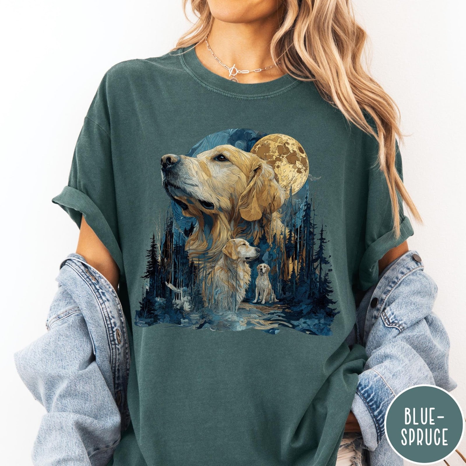 Comfort Colors tee in Blue Spruce featuring artistic graphic design of Golden Retrievers in a moonlit forest scene