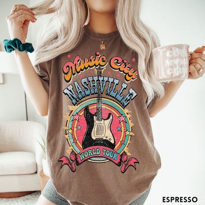 Comfort Colors tee in Espresso featuring retro style Nashville Music City guitar graphic with colorful circular design