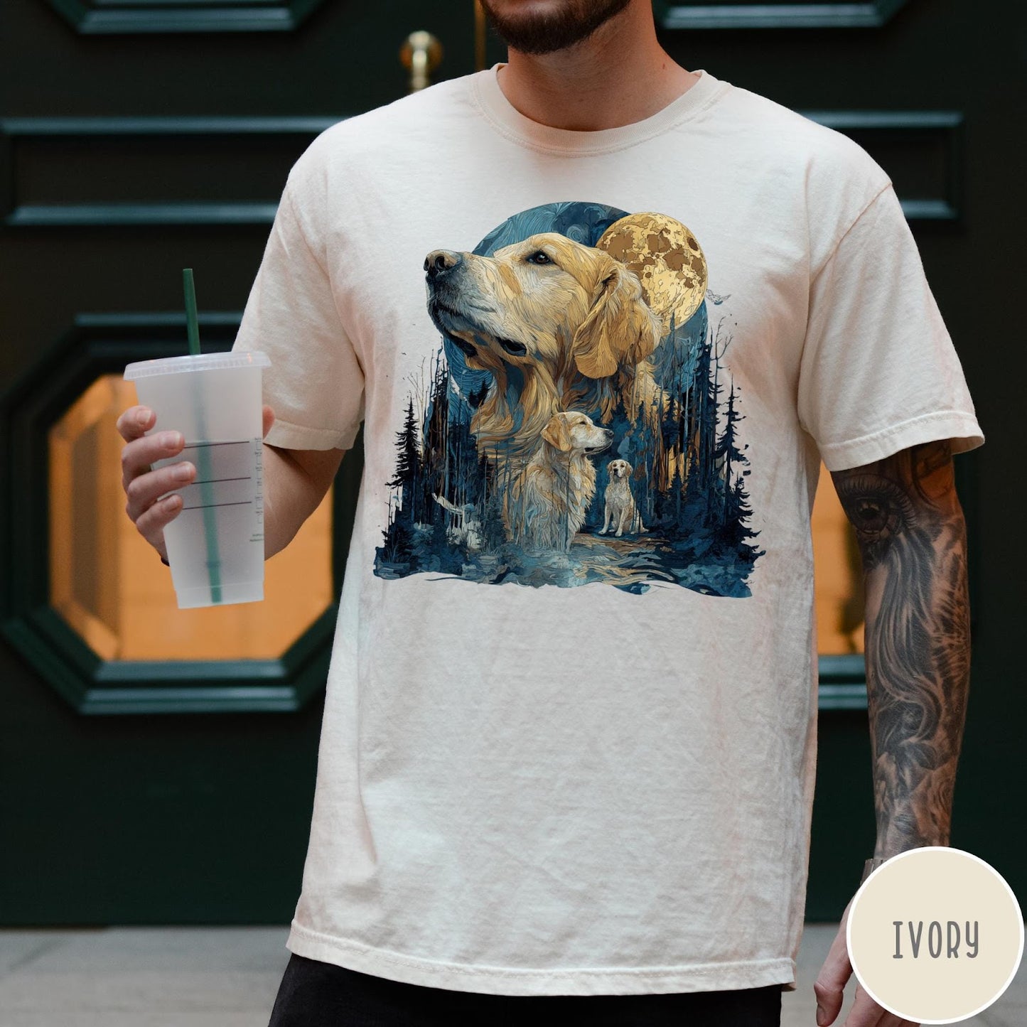 Comfort Colors tee in Ivory featuring artistic graphic design of a Golden Retriever in a moonlit forest scene