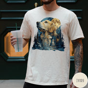 Comfort Colors tee in Ivory featuring artistic graphic design of a Golden Retriever in a moonlit forest scene