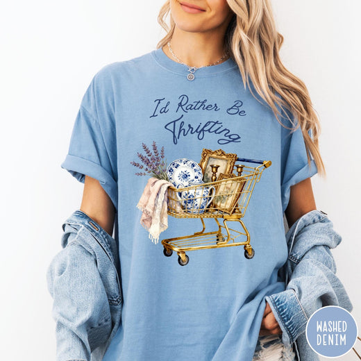 Comfort Colors tee in Washed Denim featuring vintage style graphic of a shopping cart filled with antique decor items