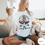 Comfort Colors tee in White featuring cowgirl design style with a dancing woman in a pink dress
