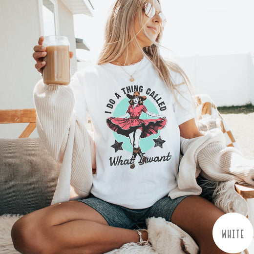 Comfort Colors tee in White featuring cowgirl design style with a dancing woman in a pink dress