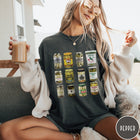 Comfort Colors tee in Pepper featuring graphic design of various pickle jars arranged in a grid pattern
