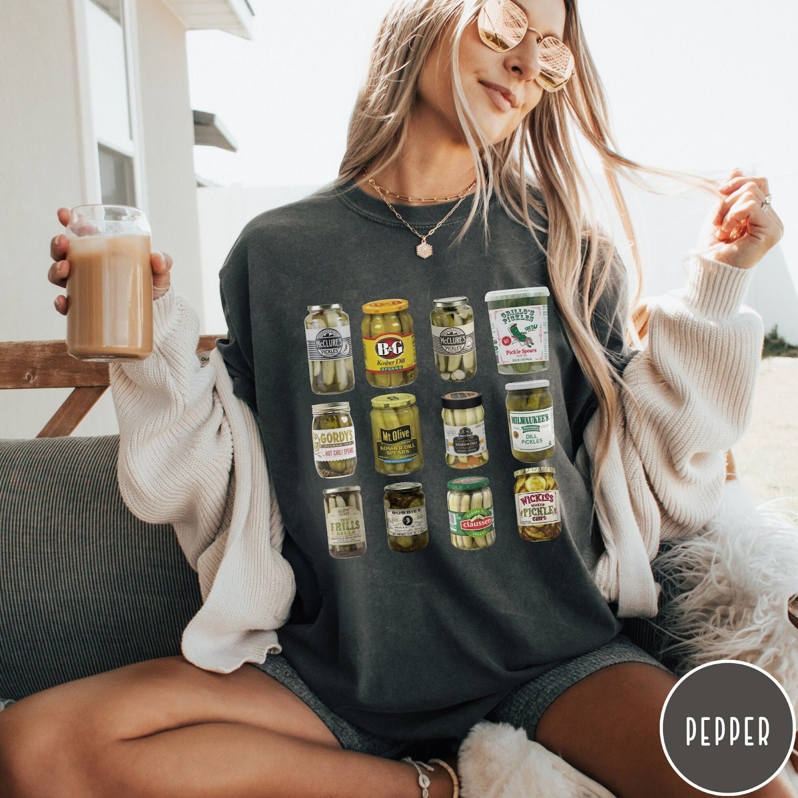 Comfort Colors tee in Pepper featuring graphic design of various pickle jars arranged in a grid pattern