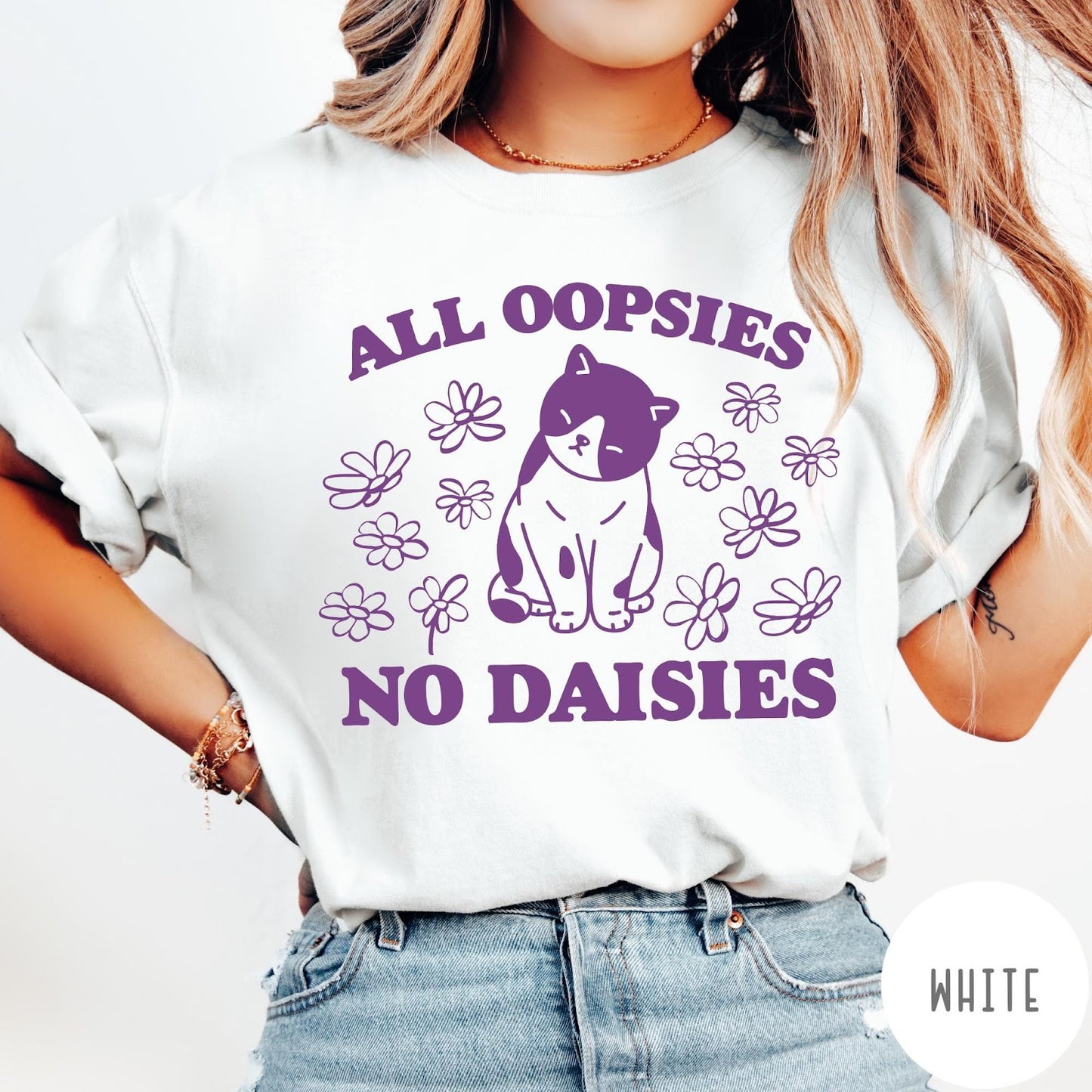 Comfort Colors tee in White featuring cute cat graphic with purple text reading All Oopsies No Daisies