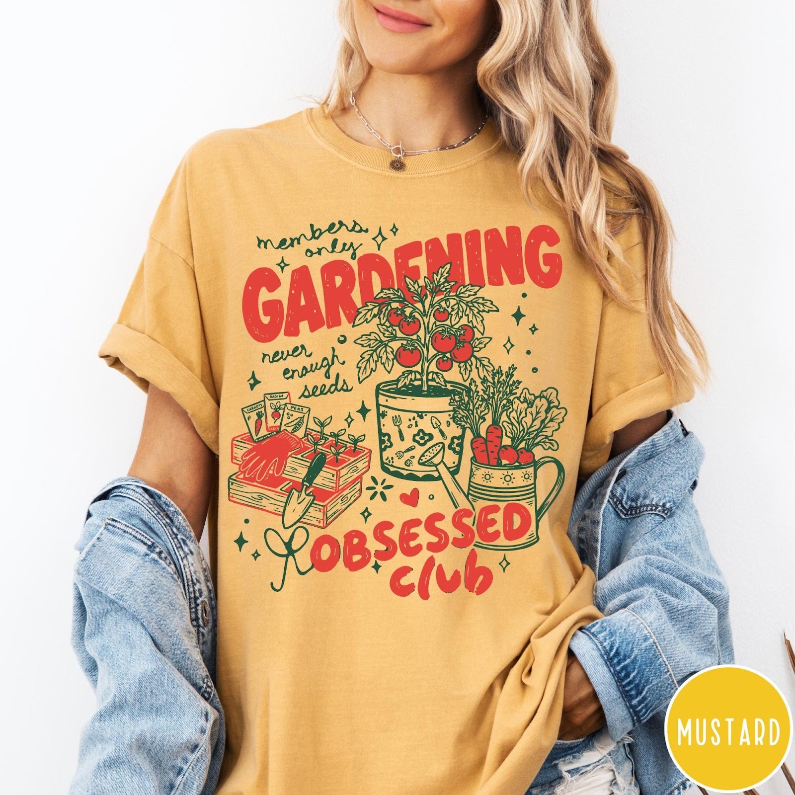 Comfort Colors tee in Mustard featuring retro graphic gardening design with plants, tools, and seeds