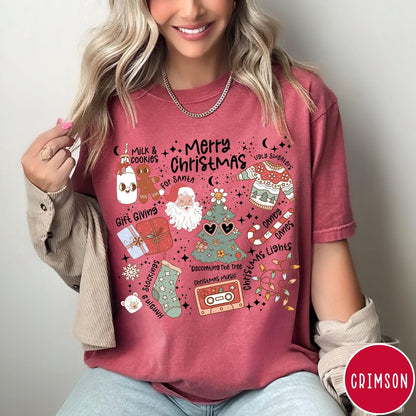 Comfort Colors tee in Crimson featuring retro holiday graphic with Santa, Christmas tree, and festive icons