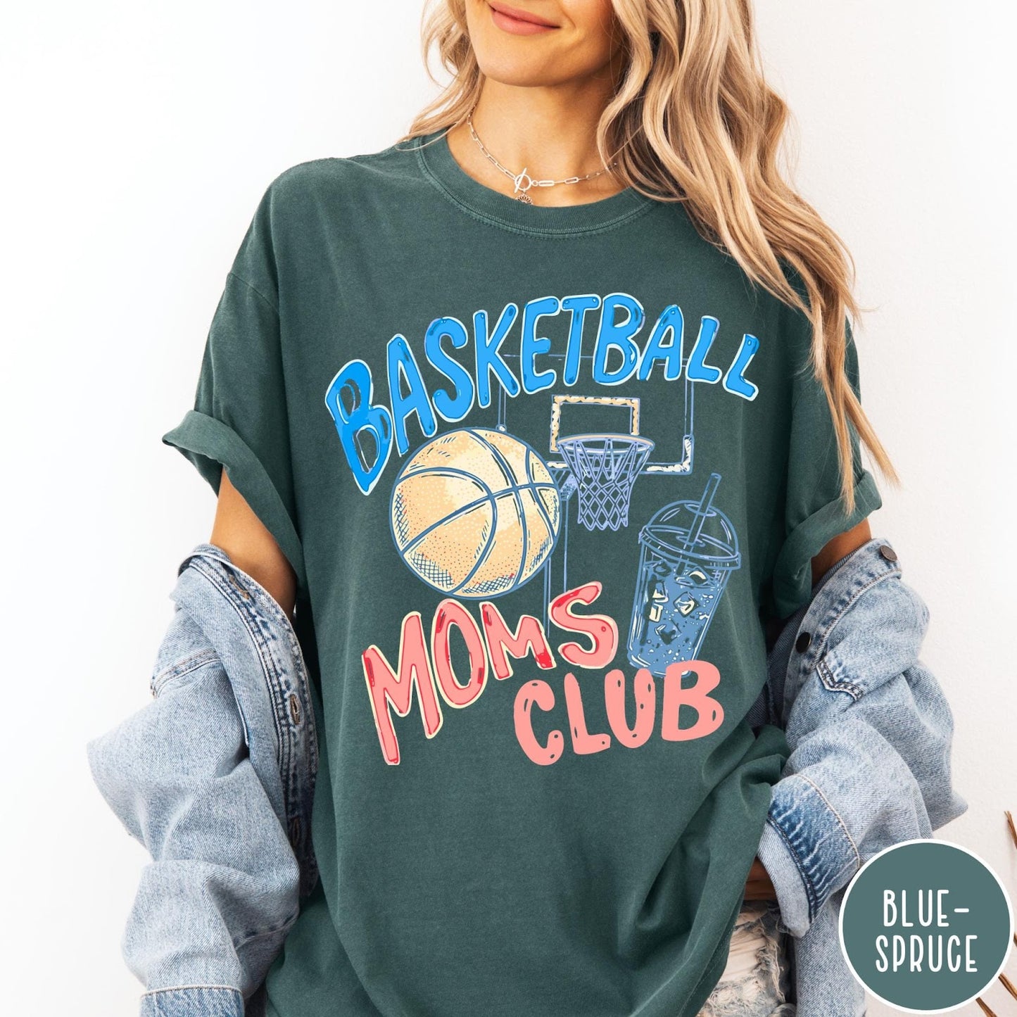 Comfort Colors tee in Blue Spruce featuring basketball mom life graphic with basketball, hoop, and iced coffee