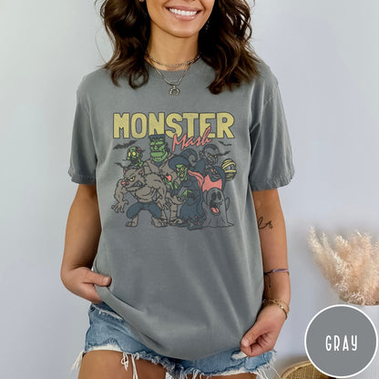 Comfort Colors tee in Gray featuring retro Halloween style graphic with various classic monsters and spooky characters