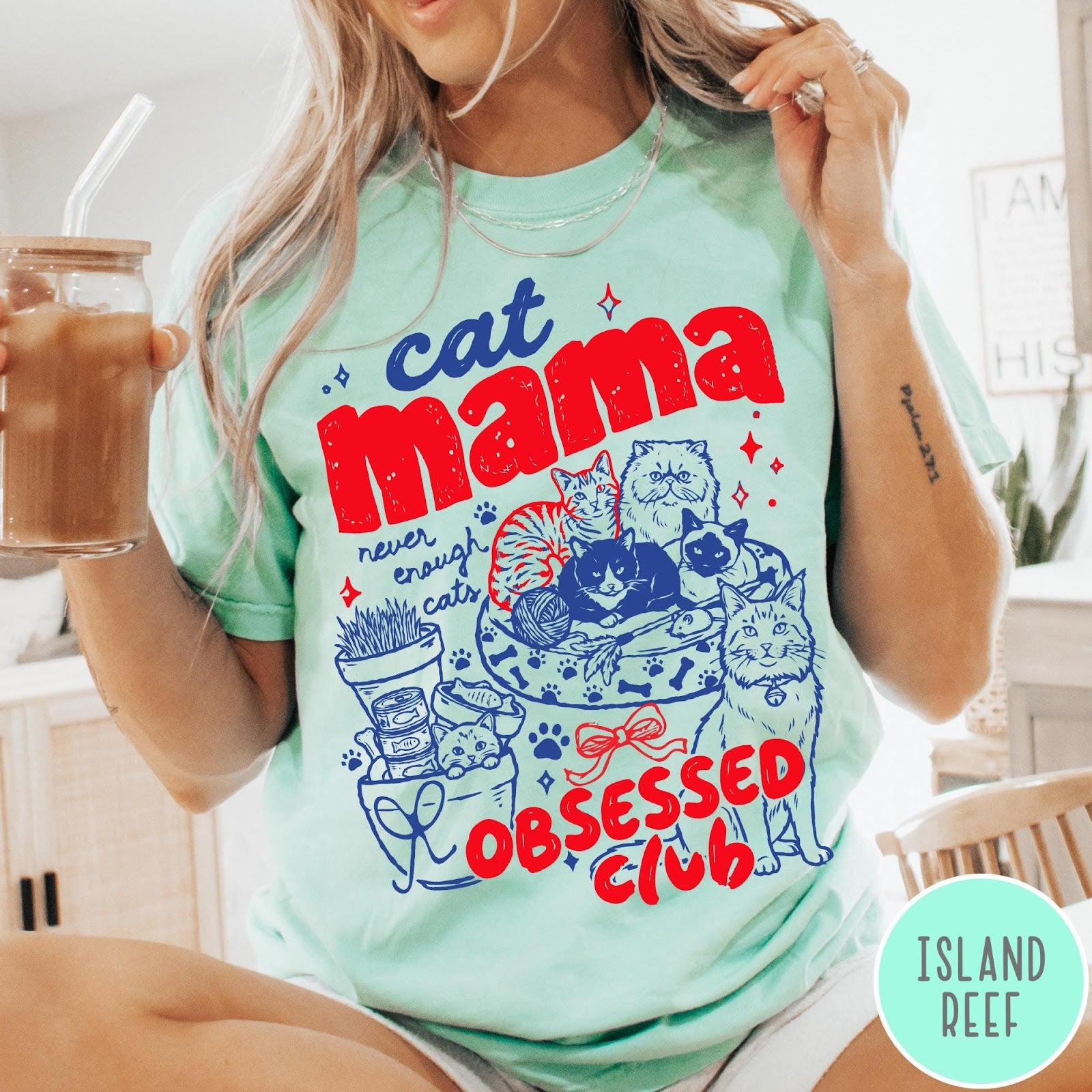 Comfort Colors tee in Island Reef featuring retro style graphic with cats, yarn, and cat mama club text
