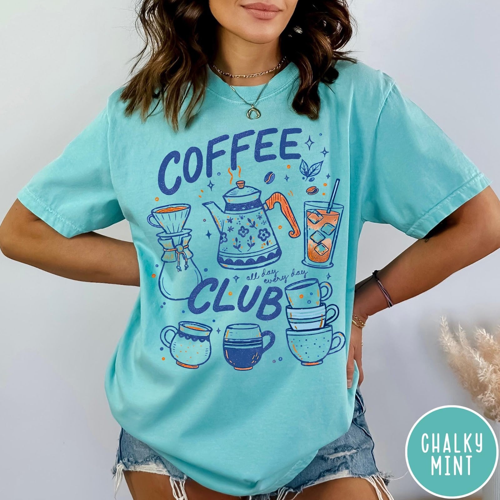 Comfort Colors tee in Chalky Mint featuring retro graphic design with coffee pots, mugs, and iced coffee