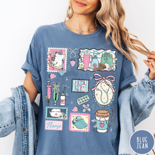Comfort Colors tee in Blue Jean featuring nursing profession collage design with medical supplies and floral accents