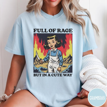 Comfort Colors tee in Chambray featuring cartoon style graphic of a girl holding a knife in flames