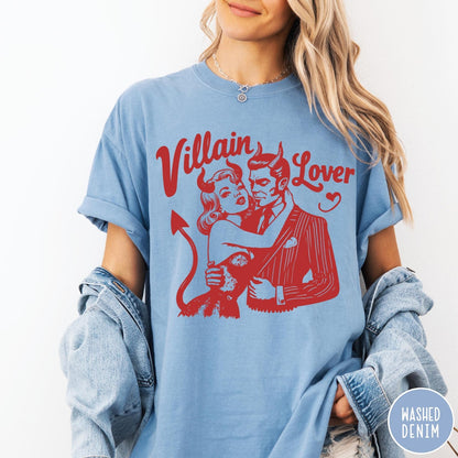 Comfort Colors tee in Washed Denim featuring vintage style graphic of a devilish couple embracing each other