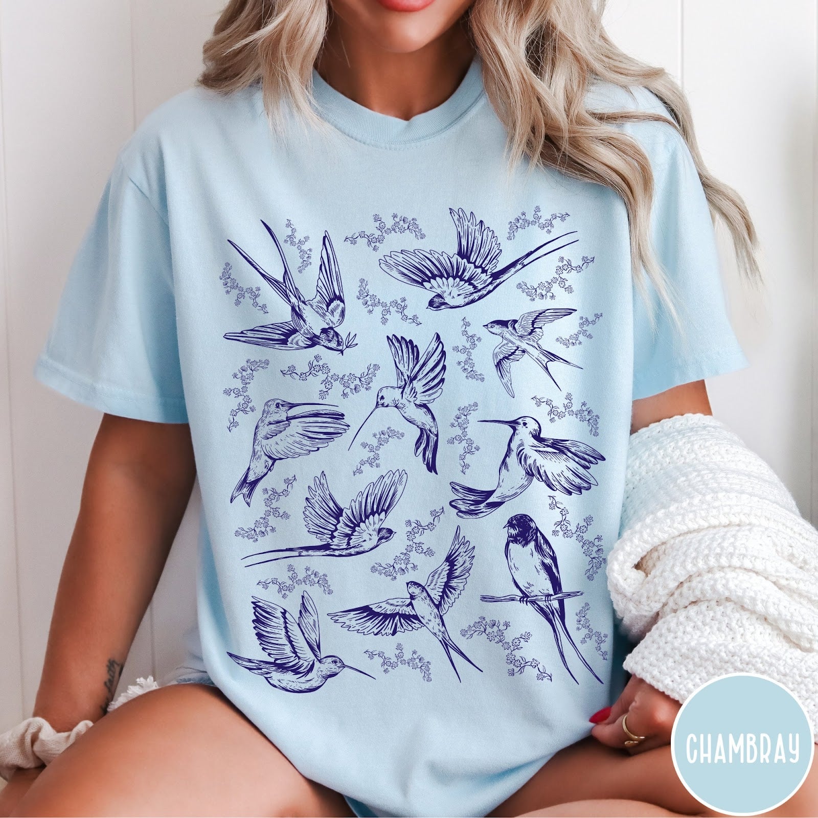Comfort Colors tee in Chambray featuring vintage bird tattoo style graphic with various birds and flowers