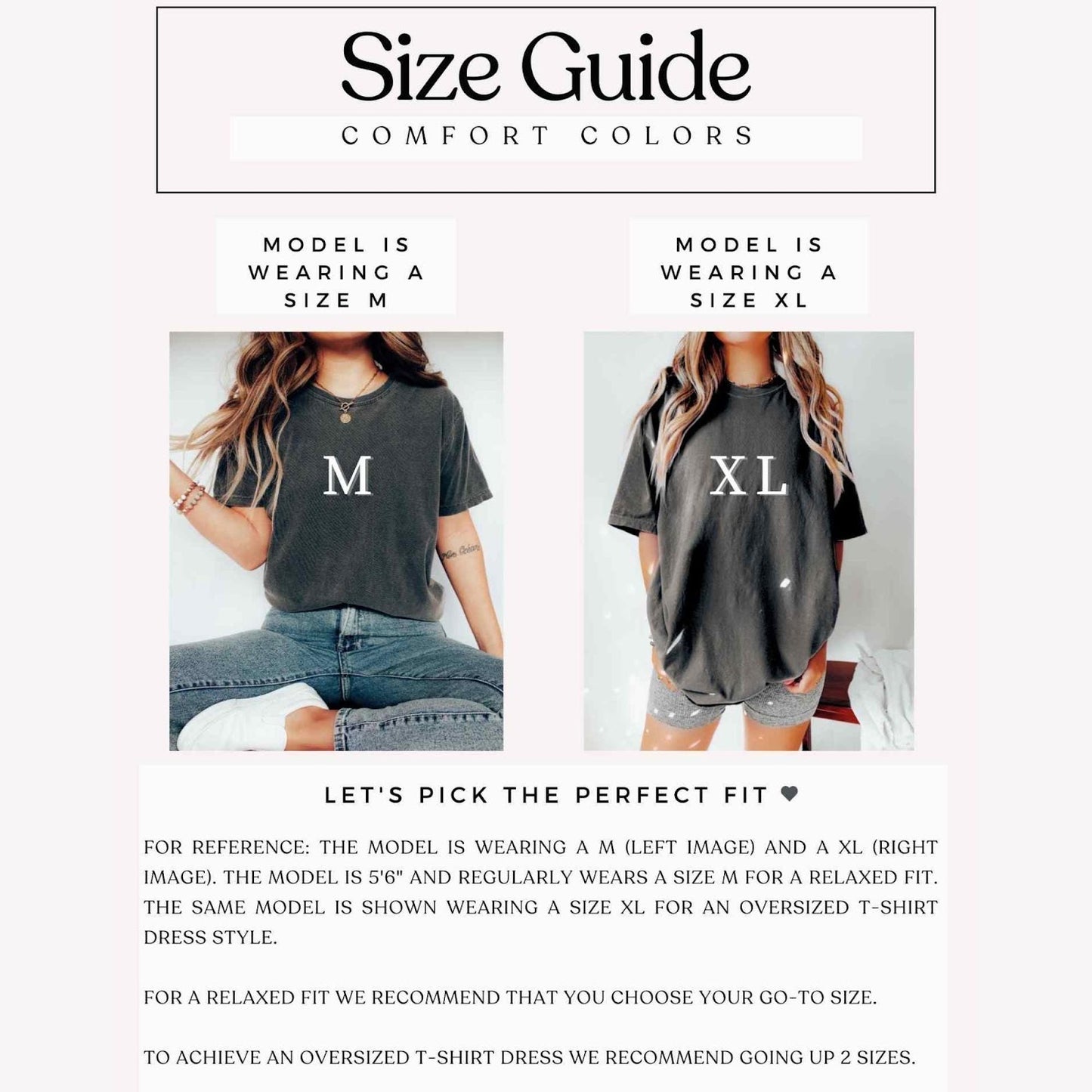 Comfort Colors tee size guide showing model wearing size medium and size extra large for fit reference