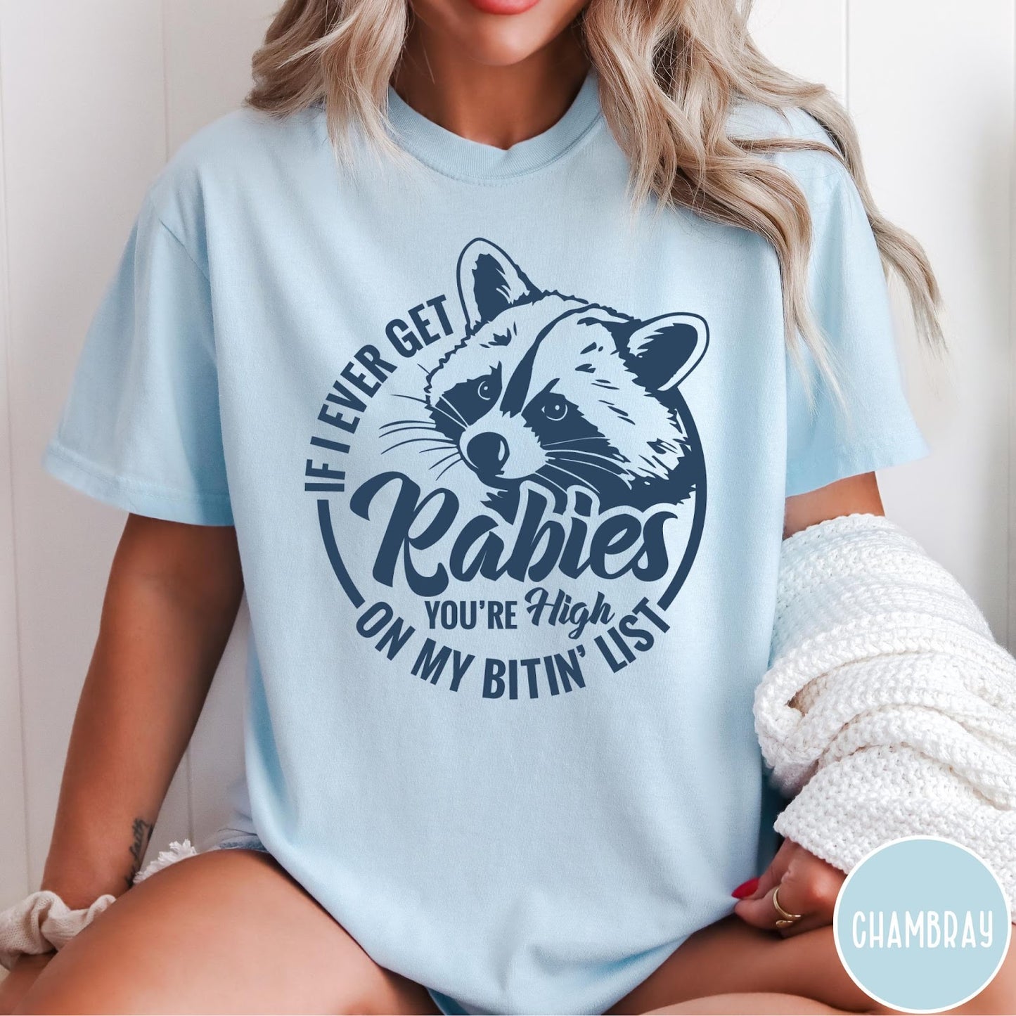Comfort Colors tee in Chambray featuring screen print style graphic of a raccoon with funny rabies text