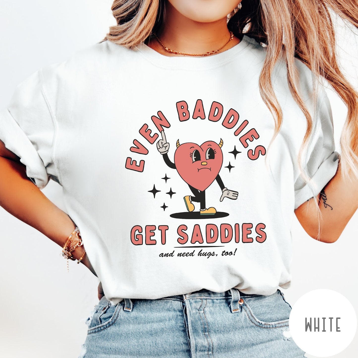 Comfort Colors tee in White featuring retro style graphic of a sad heart character with devil horns