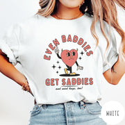 Comfort Colors tee in White featuring retro style graphic of a sad heart character with devil horns