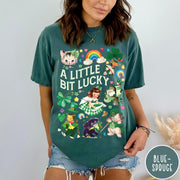 Comfort Colors tee in Blue Spruce featuring St. Patrick's Day collage with vintage characters and lucky symbols