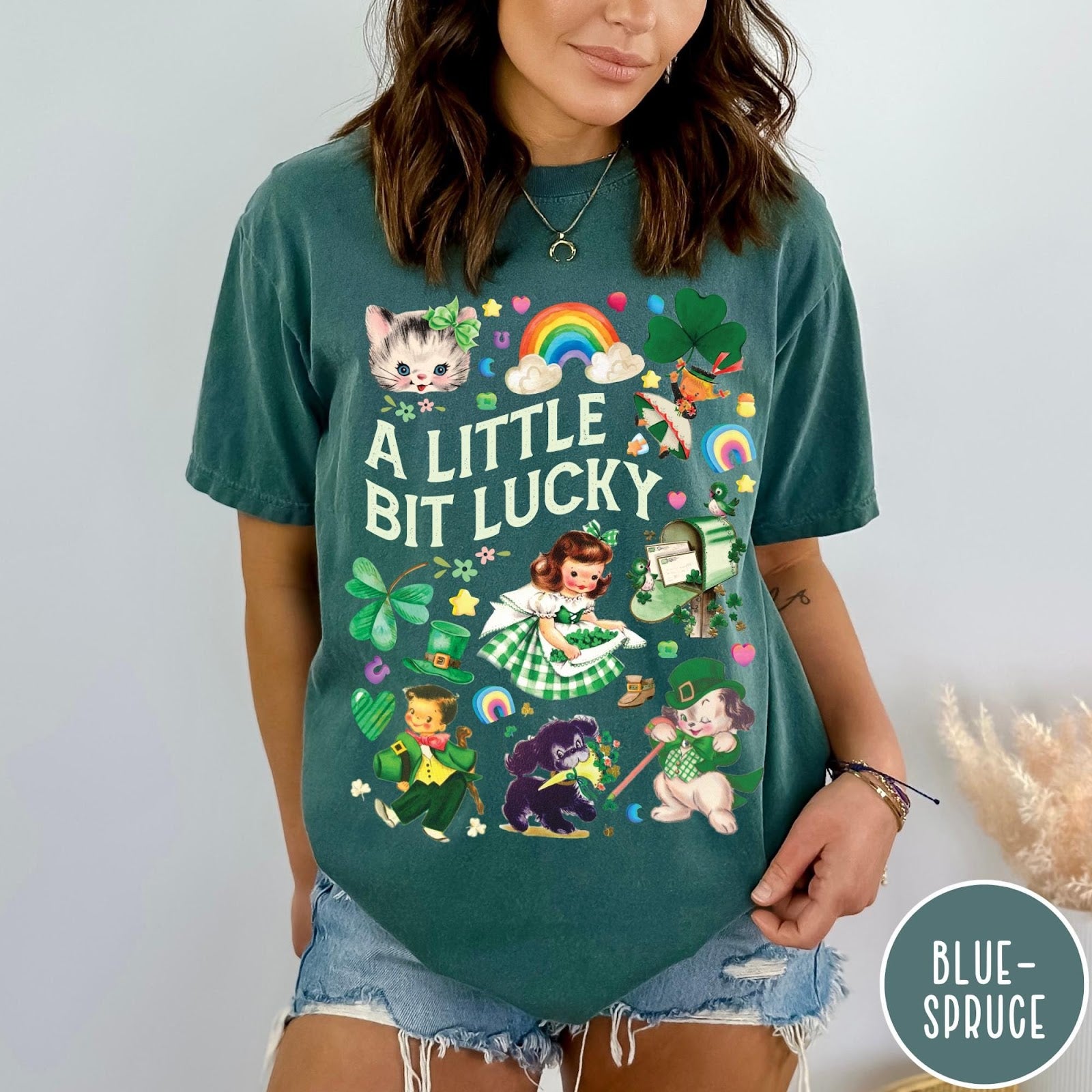 Comfort Colors tee in Blue Spruce featuring St. Patrick's Day collage with vintage characters and lucky symbols