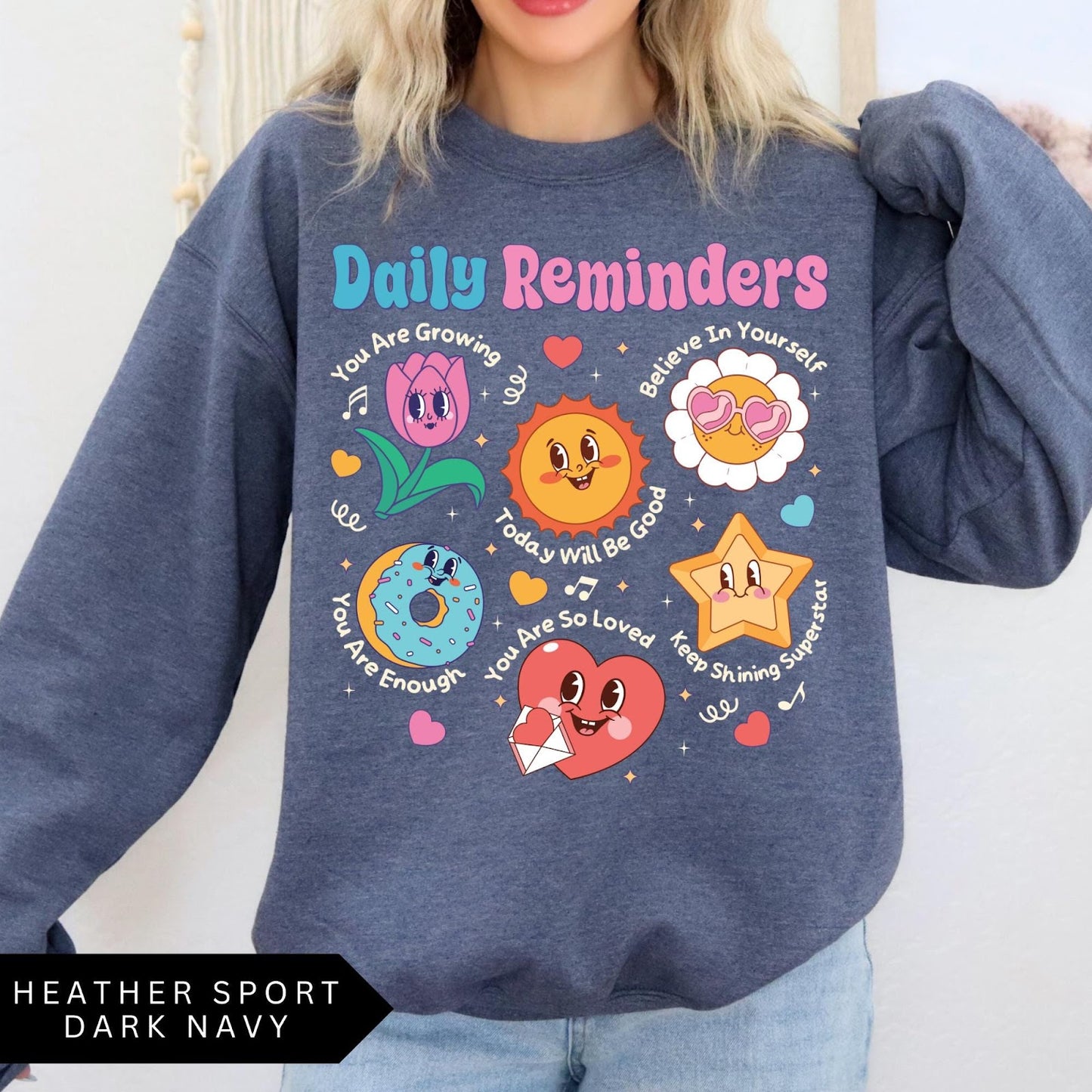 Comfort Colors tee in Heather Sport Dark Navy featuring retro mascot design with daily affirmations and colorful graphics