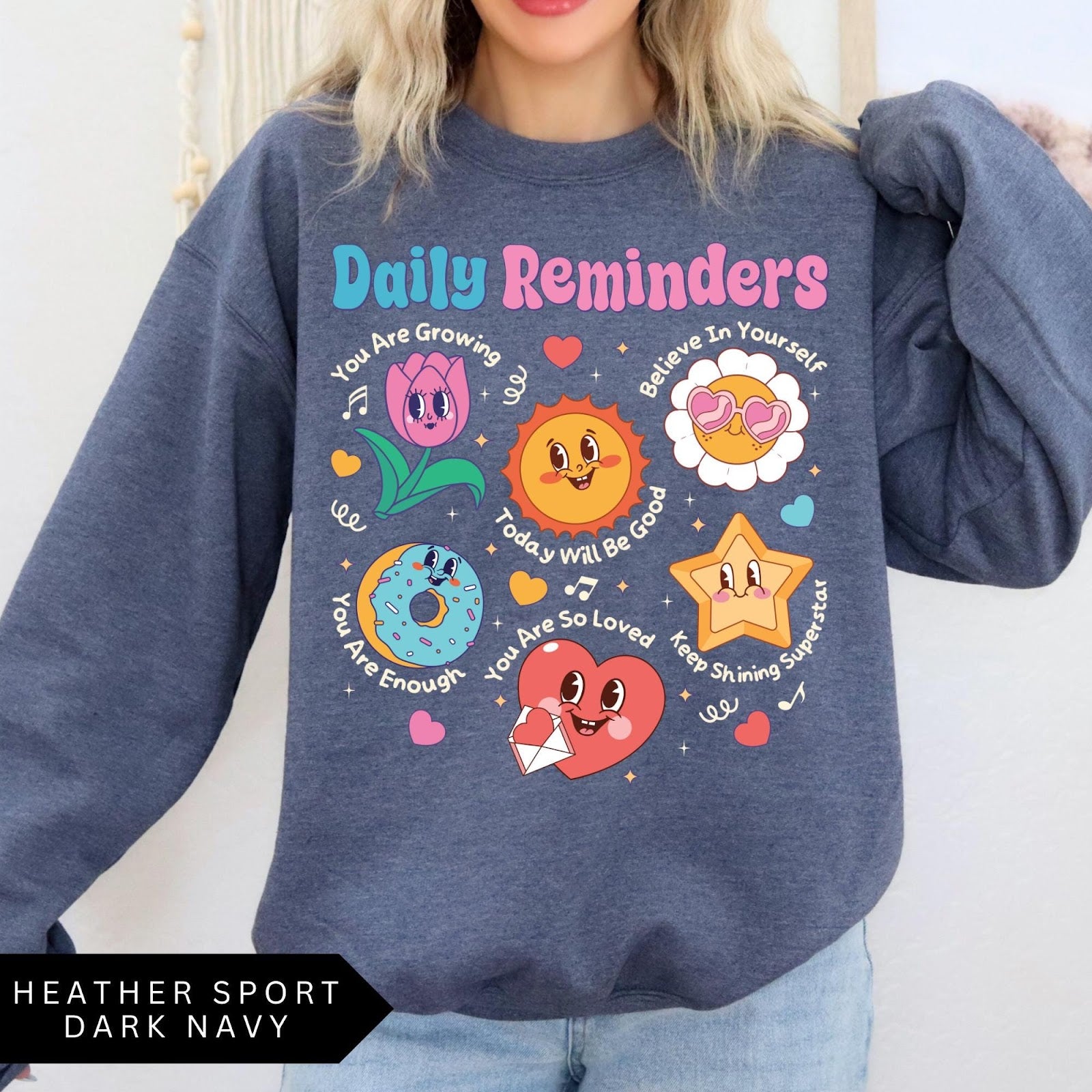 Comfort Colors tee in Heather Sport Dark Navy featuring retro mascot design with daily affirmations and colorful graphics