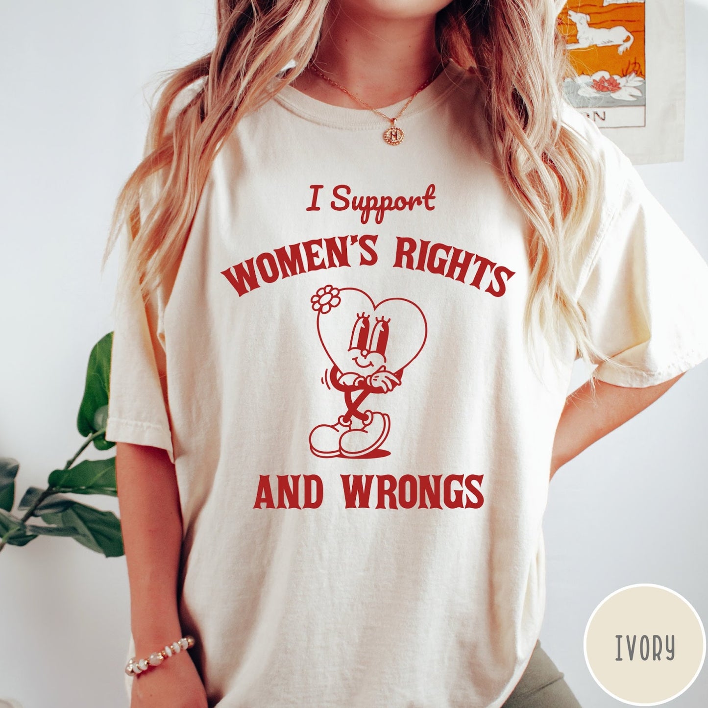 Comfort Colors tee in Ivory featuring retro style heart mascot graphic with women's rights text