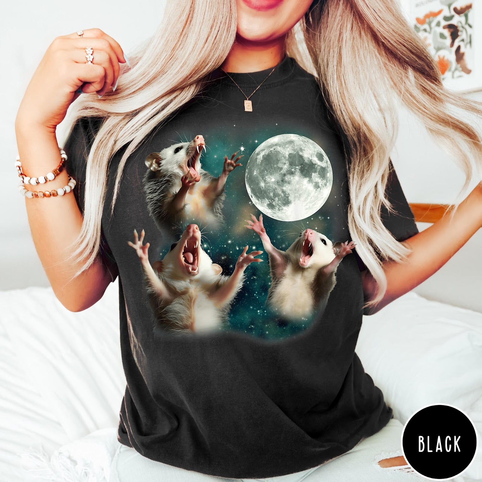 Comfort Colors tee in Black featuring vintage graphic style with three screaming possums reaching for the moon