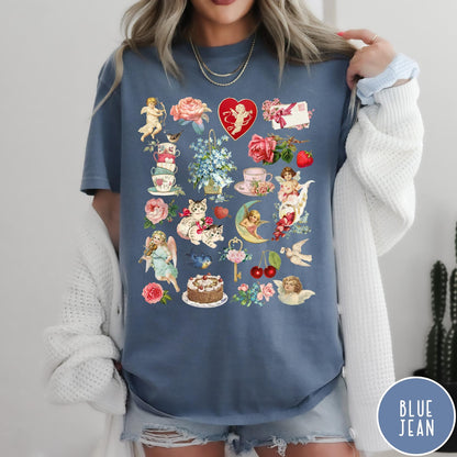 Comfort Colors tee in Blue Jean featuring vintage Valentine collage graphic with cherubs, flowers, cats, and romantic symbols