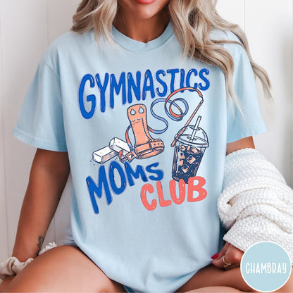 Comfort Colors tee in Chambray featuring gymnastics mom life graphic with gymnastics grips, chalk, and iced coffee
